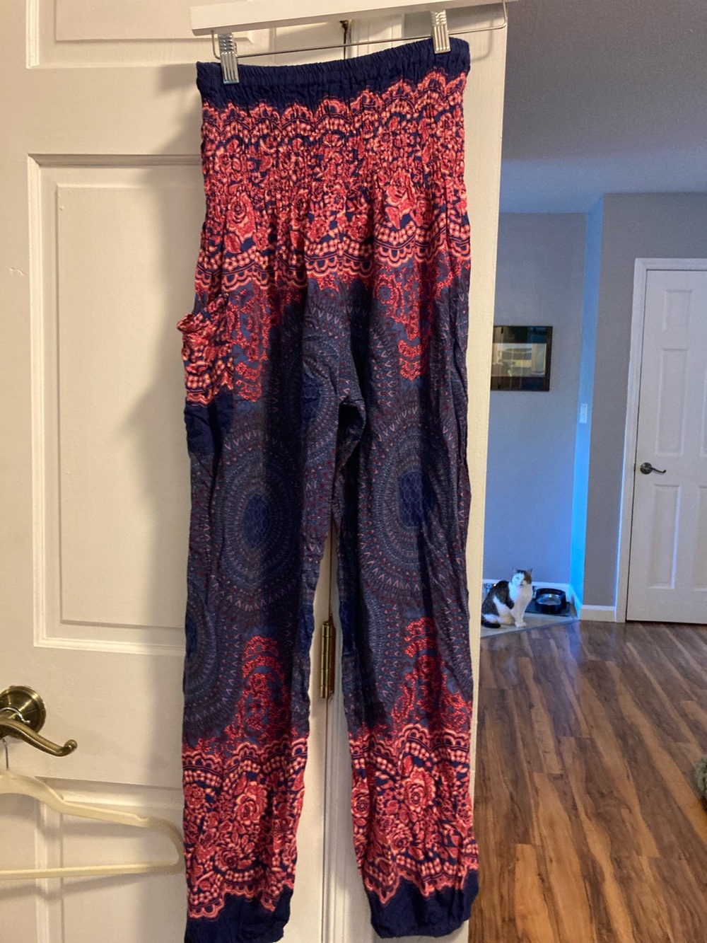 Smocked Waist Navy and Coral Printed Harem pants